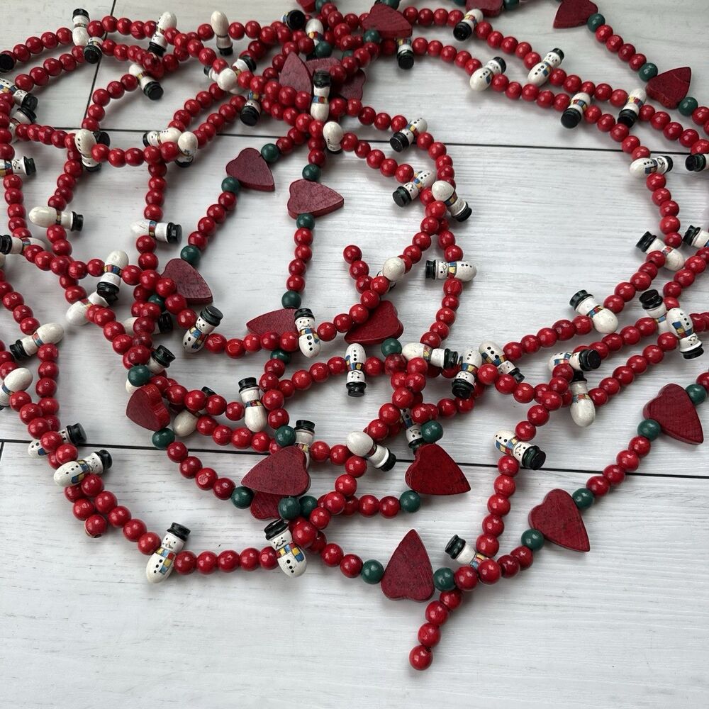 VTG 3 Strands Wooden Bead Garlands 8' long Snowmen & Hearts Christmas Decor
